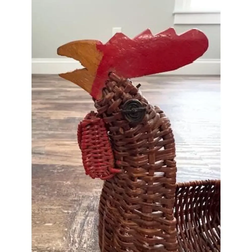 Vintage Wicker Rooster Basket | Handwoven Chicken with Carved Wooden Head